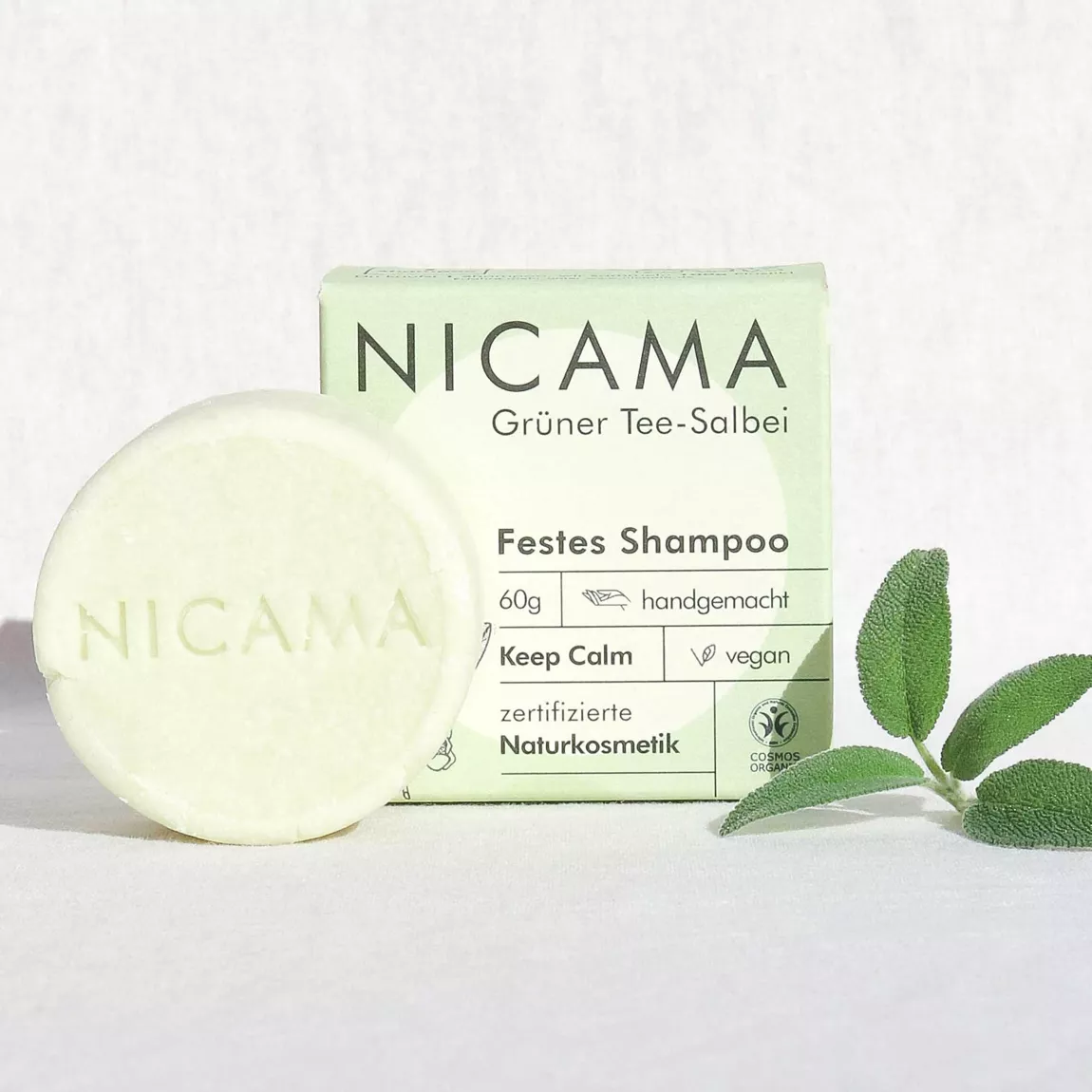 NICAMA festes Shampoo grüner Tee-Salbei (COSMOS) - 60g