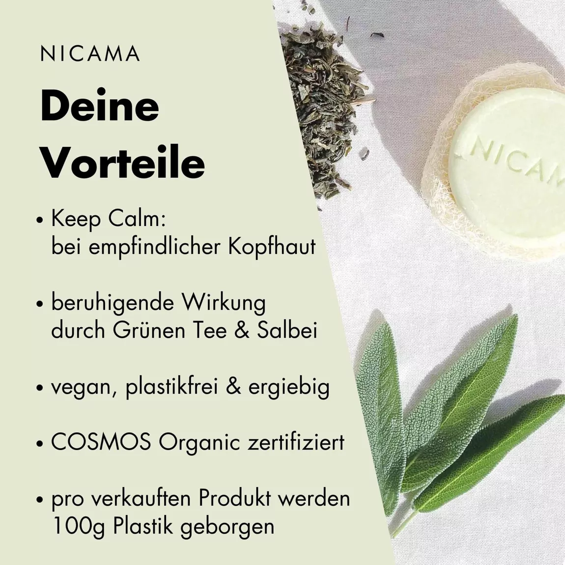 NICAMA festes Shampoo grüner Tee-Salbei (COSMOS) - 60g